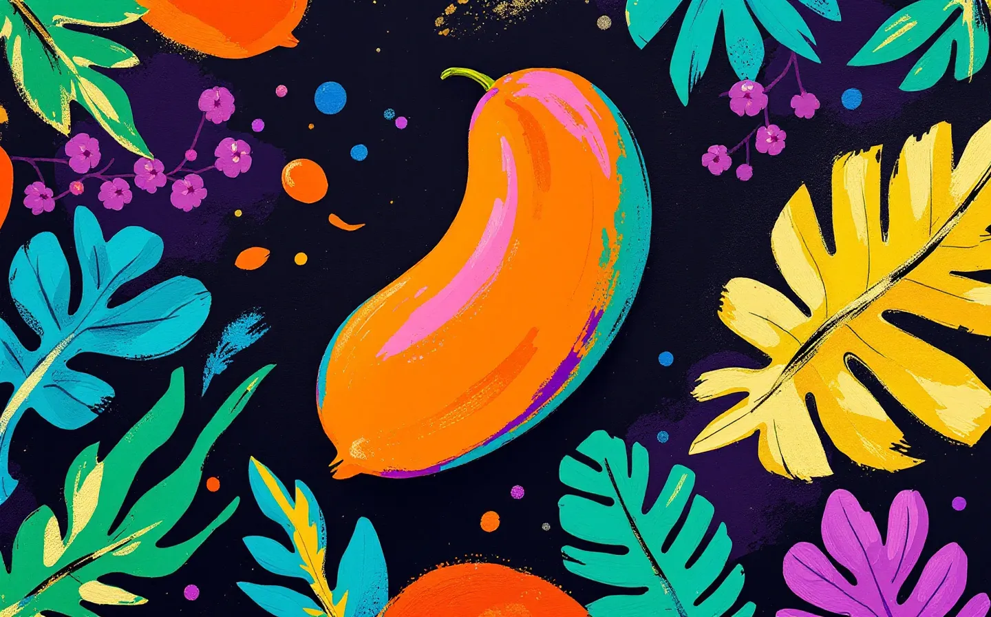 A vivid hand-painted tropical-market emblem of an abstract mitochondrion in mango and gold brushwork with a coiled turquoise peptide-chain ribbon emerging, on a deep charred-acai purple ground